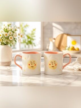 2 NEW Coral and Yellow Sun Hand Painted Ceramic Mugs